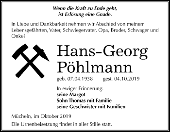 Traueranzeige von Hans-Georg Pöhlmann von Mitteldeutsche Zeitung Merseburg/Querfurt