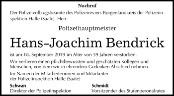 Traueranzeige von Hans-Joachim Bendrick von Mitteldeutsche Zeitung Weißenfels