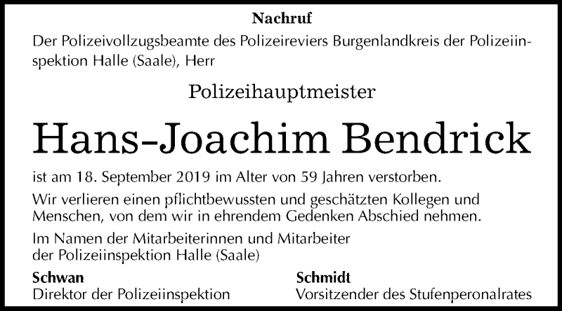  Traueranzeige für Hans-Joachim Bendrick vom 05.10.2019 aus Mitteldeutsche Zeitung Weißenfels