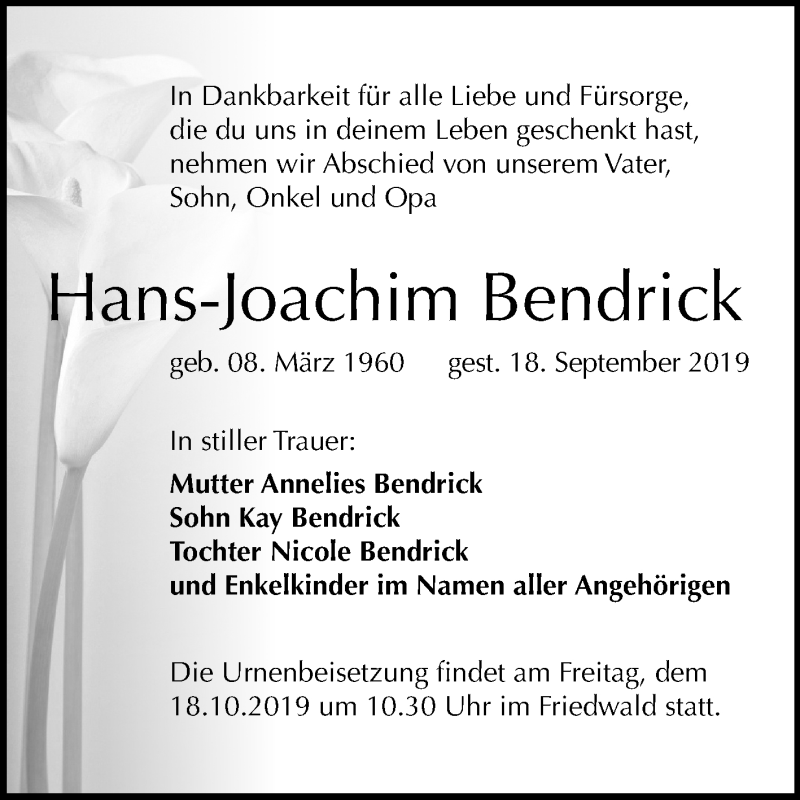  Traueranzeige für Hans-Joachim Bendrick vom 16.10.2019 aus Mitteldeutsche Zeitung Weißenfels
