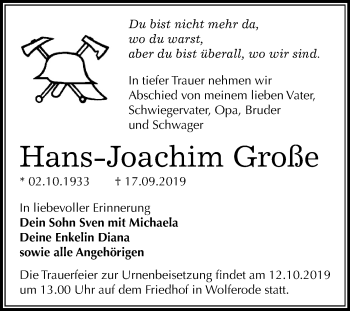 Traueranzeige von Hans-Joachim Große von Mitteldeutsche Zeitung Mansfelder Land