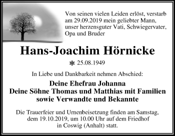 Traueranzeige von Hans-Joachim Hörnicke von Super Sonntag Wittenberg