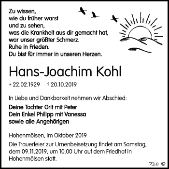 Traueranzeige von Hans-Joachim Kohl von Mitteldeutsche Zeitung Weißenfels