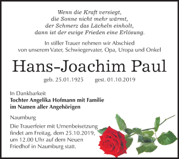 Traueranzeige von Hans-Joachim Paul von Wochenspiegel Naumburg/Nebra