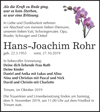 Traueranzeige von Hans-Joachim Rohr von Mitteldeutsche Zeitung Köthen