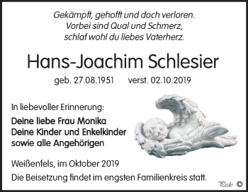 Traueranzeige von Hans-Joachim Schlesier von Wochenspiegel Weißenfels