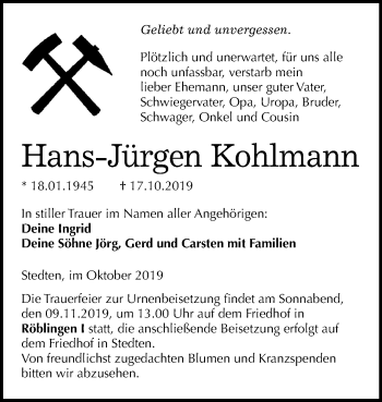 Traueranzeige von Hans-Jürgen Kohlmann von Mitteldeutsche Zeitung Mansfelder Land
