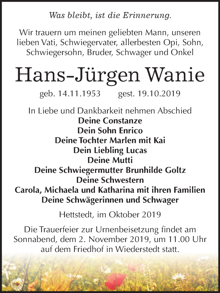  Traueranzeige für Hans-Jürgen Wanie vom 25.10.2019 aus Mitteldeutsche Zeitung Mansfelder Land