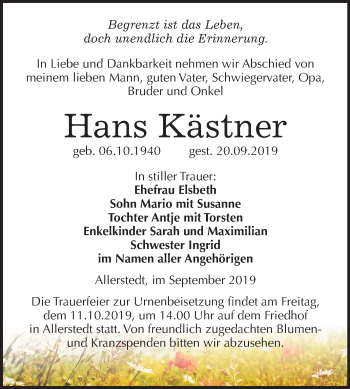 Traueranzeige von Hans Kästner von Wochenspiegel Naumburg/Nebra