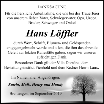 Traueranzeige von Hans Löffler von Super Sonntag Sangerhausen