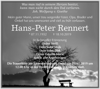 Traueranzeige von Hans-Peter Rennert von Wochenspiegel Mansfelder Land