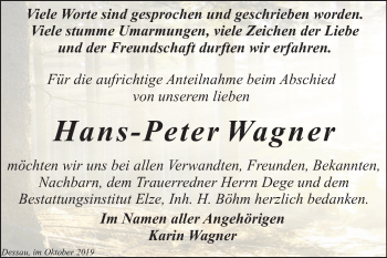 Traueranzeige von Hans-Peter Wagner von Super Sonntag Dessau-Roßlau