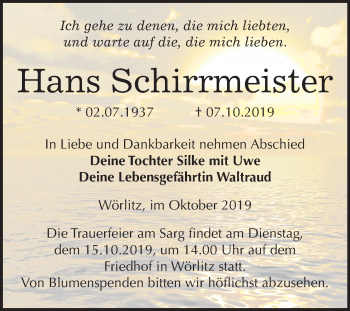 Traueranzeige von Hans Schirrmeister von Mitteldeutsche Zeitung Wittenberg
