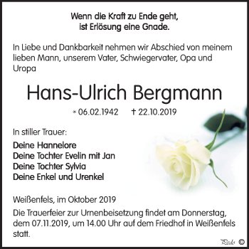 Traueranzeige von Hans-Ulrich Bergmann von Mitteldeutsche Zeitung Weißenfels