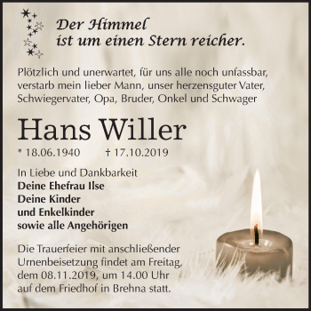 Traueranzeige von Hans Willer von Wochenspiegel Bitterfeld