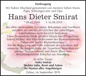 Traueranzeige von Hans Dieter Smirat von Mitteldeutsche Zeitung Wittenberg