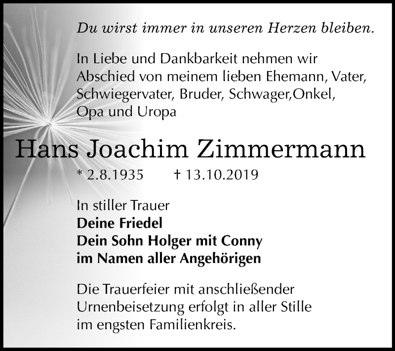  Traueranzeige für Hans Joachim Zimmermann vom 23.10.2019 aus Wochenspiegel Bitterfeld