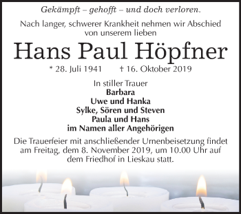 Traueranzeige von Hans Paul Höpfner von Mitteldeutsche Zeitung Halle/Saalkreis