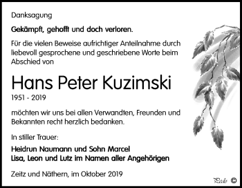 Traueranzeige von Hans Peter Kuzimski von Super Sonntag Zeitz