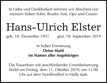 Traueranzeige von Hans Ulrich Elster von Mitteldeutsche Zeitung Halle/Saalkreis