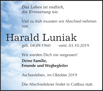 Traueranzeige von Harald Luniak von Super Sonntag Aschersleben