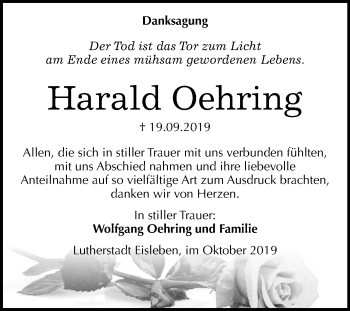 Traueranzeige von Harald Oehring von Mitteldeutsche Zeitung Mansfelder Land