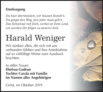 Traueranzeige von Harald Weniger von Super Sonntag Merseburg/Querfurt