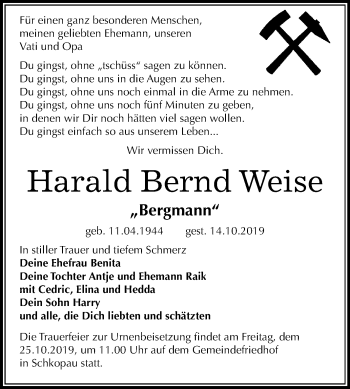 Traueranzeige von Harald Bernd Weise von Super Sonntag Merseburg/Querfurt