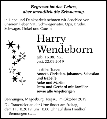 Traueranzeige von Harry Wendeborn von Mitteldeutsche Zeitung Sangerhausen