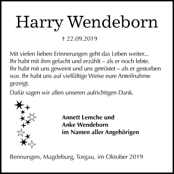 Traueranzeige von Harry Wendeborn von Mitteldeutsche Zeitung Sangerhausen