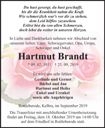 Traueranzeige von Hartmut Brandt von Mitteldeutsche Zeitung Sangerhausen
