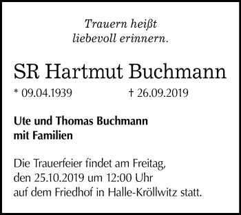 Traueranzeige von Hartmut Buchmann von Mitteldeutsche Zeitung Halle/Saalkreis