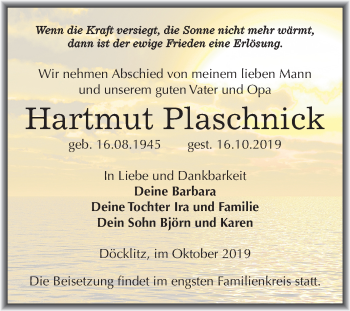 Traueranzeige von Hartmut Plaschnick von Wochenspiegel Merseburg/Querfurt