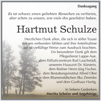 Traueranzeige von Hartmut Schulze von Mitteldeutsche Zeitung Merseburg/Querfurt