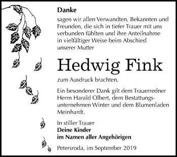 Traueranzeige von Hedwig Fink von Wochenspiegel Bitterfeld