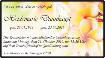 Traueranzeige von Heidemarie Dünnhaupt von Mitteldeutsche Zeitung Quedlinburg