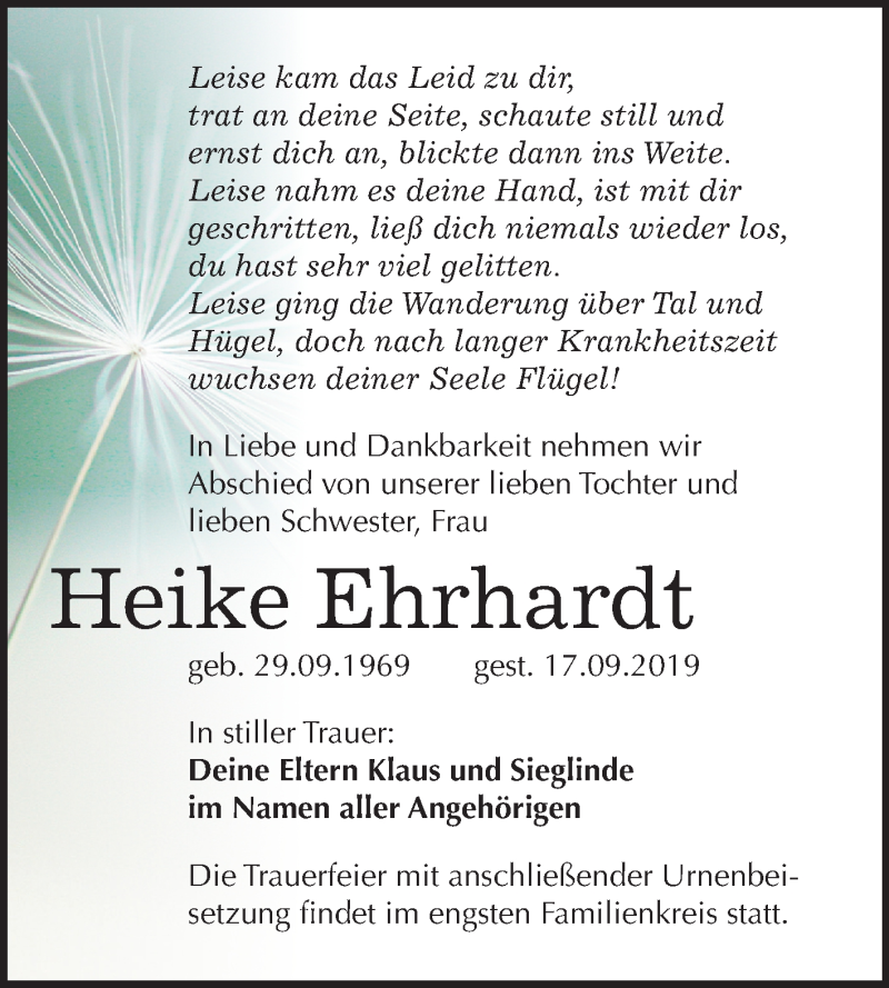  Traueranzeige für Heike Ehrhardt vom 02.10.2019 aus Wochenspiegel Weißenfels