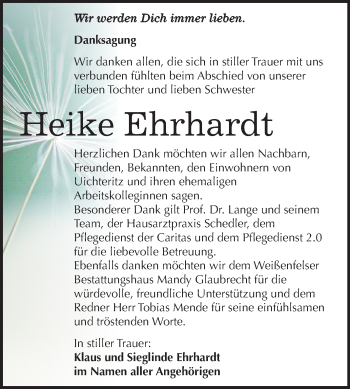 Traueranzeige von Heike Ehrhardt von Wochenspiegel Weißenfels