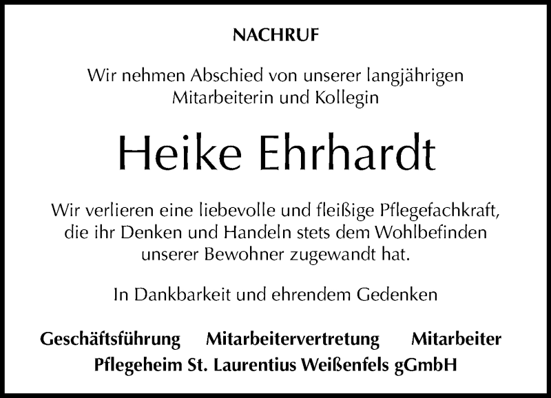 Traueranzeige für Heike Ehrhardt vom 09.10.2019 aus Wochenspiegel Weißenfels