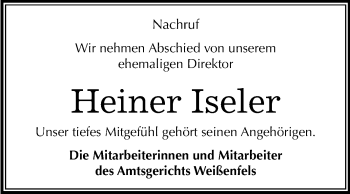 Traueranzeige von Heiner Iseler von Mitteldeutsche Zeitung Weißenfels