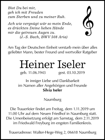 Traueranzeige von Heiner Iseler von Mitteldeutsche Zeitung Weißenfels / Naumburg/Nebra