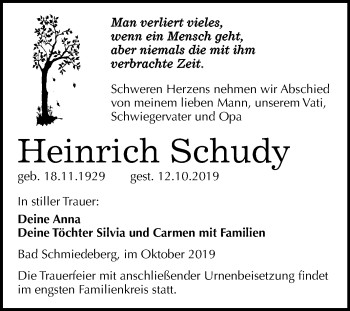 Traueranzeige von Heinrich Schudy von Mitteldeutsche Zeitung Wittenberg