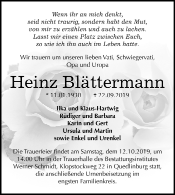 Traueranzeige von Heinz Blättermann von Super Sonntag Quedlinburg
