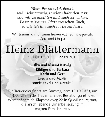 Traueranzeige von Heinz Blättermann von Mitteldeutsche Zeitung Quedlinburg