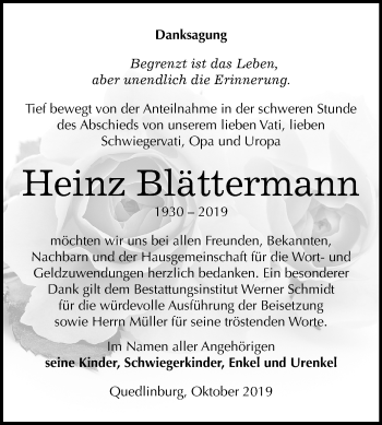 Traueranzeige von Heinz Blättermann von Mitteldeutsche Zeitung Quedlinburg