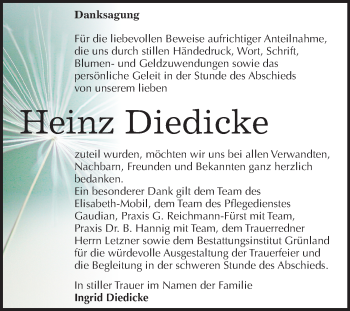Traueranzeige von Heinz Diedicke von Mitteldeutsche Zeitung Halle/Saalkreis