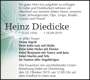 Traueranzeige von Heinz Diedicke von Mitteldeutsche Zeitung Halle/Saalkreis