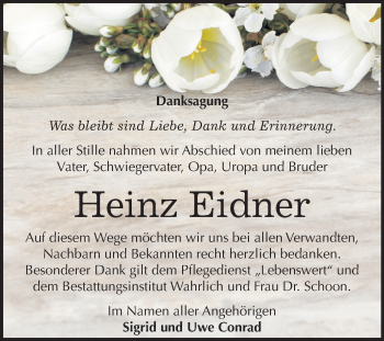 Traueranzeige von Heinz Eidner von Super Sonntag Mansfelder Land