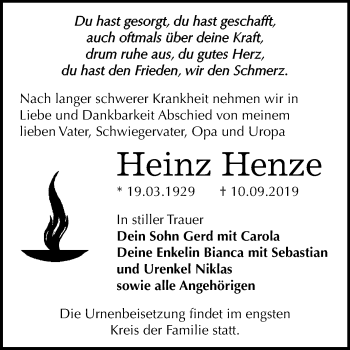 Traueranzeige von Heinz Henze von Mitteldeutsche Zeitung Wittenberg