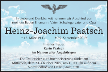 Traueranzeige von Heinz-Joachim Paatsch von Mitteldeutsche Zeitung Halle/Saalkreis
